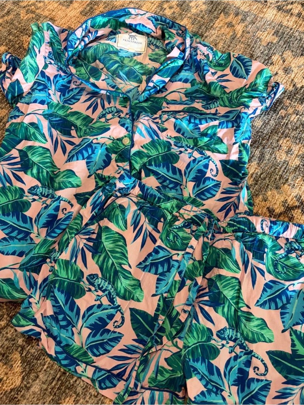 Printfresh Karma Chameleon Tropical Leaf Short Pajama Set, 100% cotton, M - Picture 3 of 6